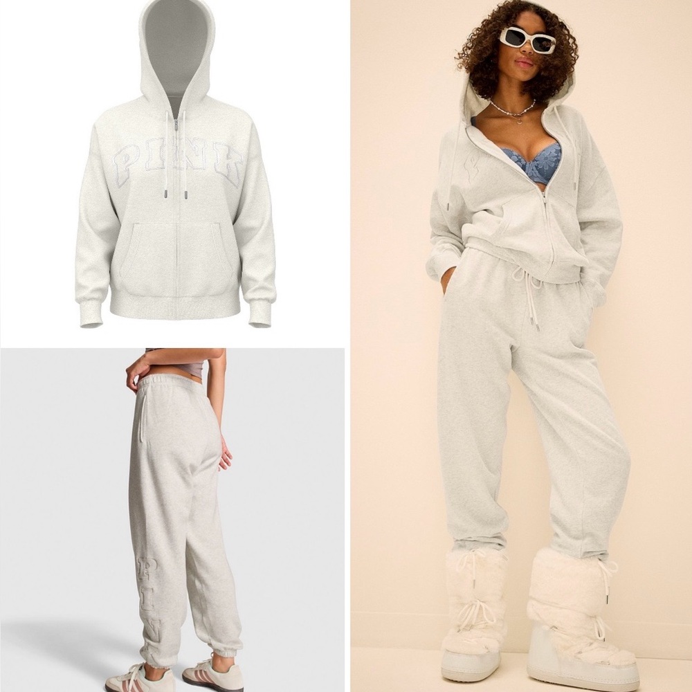 VS PINK Campus Fleece Full Zip Hoodie & Sweatpants VS Snow Heather Grey Shine XL